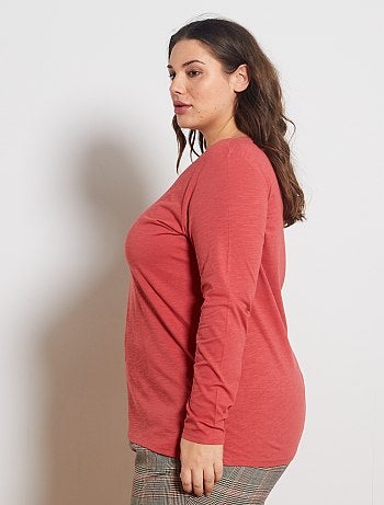 Grande taille femme - Tee-shirt col V manches longues maille flammée - Kiabi