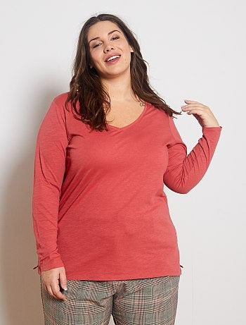 Grande taille femme - Tee-shirt col V manches longues maille flammée - Kiabi