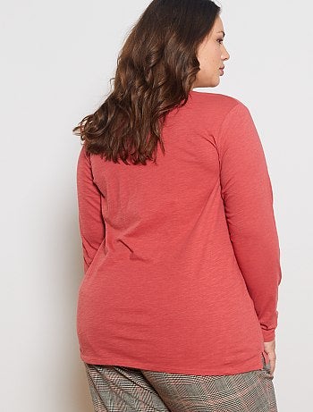 Grande taille femme - Tee-shirt col V manches longues maille flammée - Kiabi