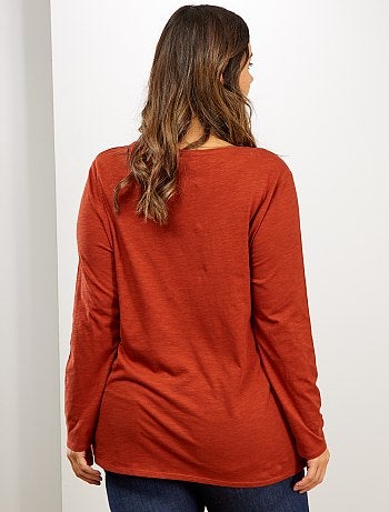 Tee-shirt col V manches longues maille flammée - Kiabi