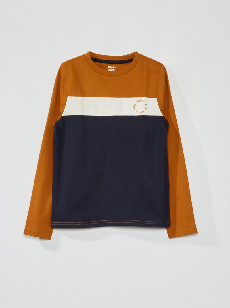 Tee-shirt color-block à manches longues Marron - Kiabi