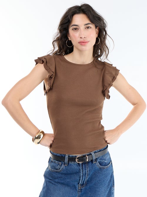 Tee-shirt côtelé à manches volantées - Kiabi