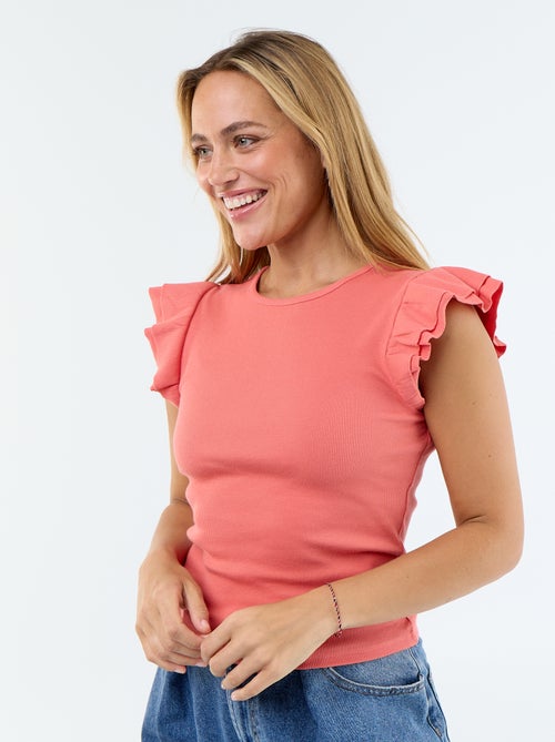 Tee-shirt côtelé à manches volantées - Kiabi