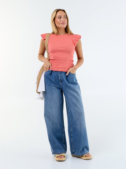 Tee-shirt côtelé à manches volantées - Kiabi