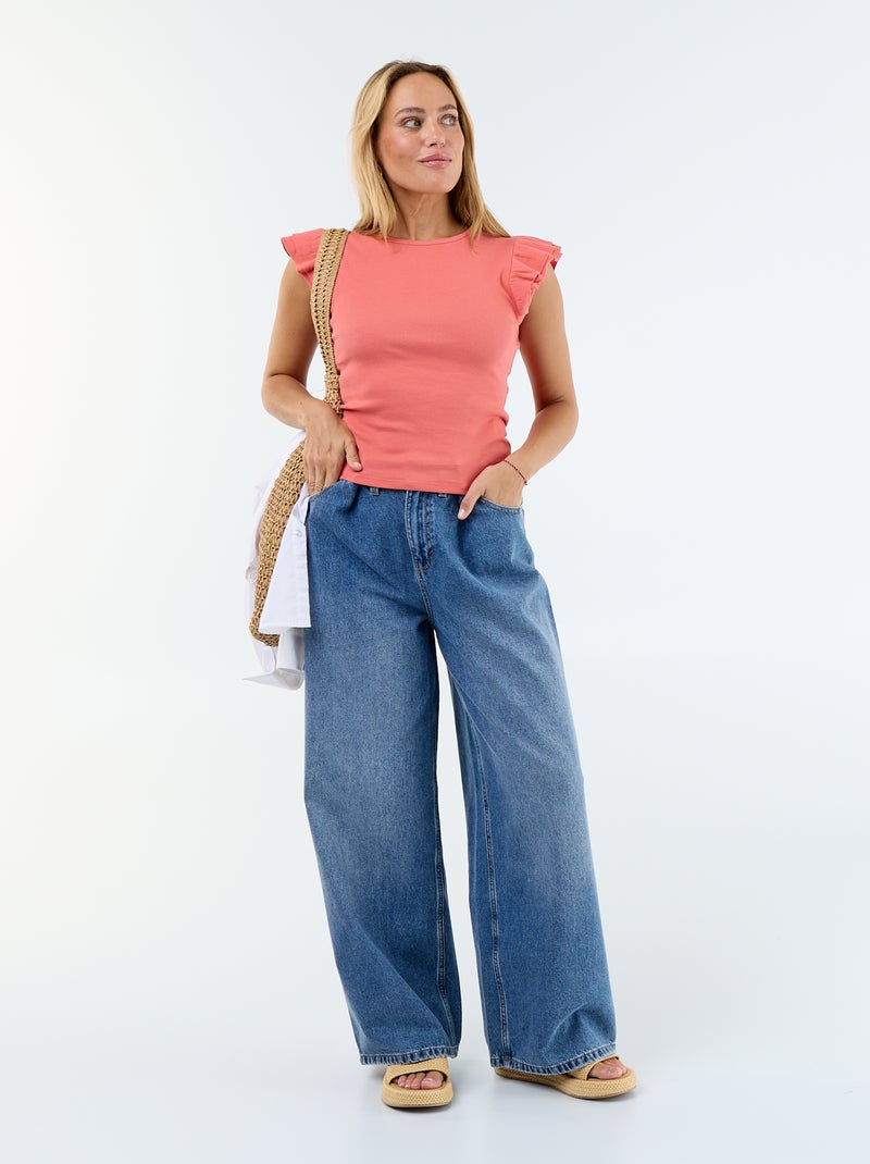 Tee-shirt côtelé à manches volantées Orange - Kiabi