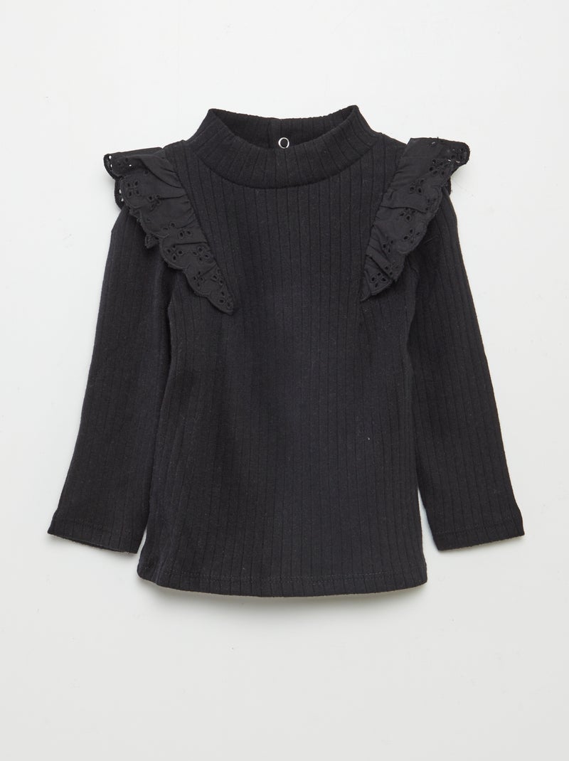 Tee-shirt côtelé avec épaules volantées noir - Kiabi