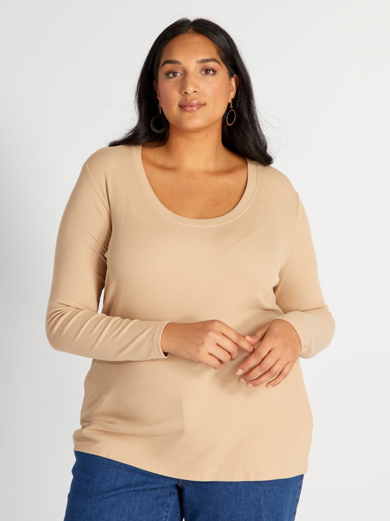 Tee-shirt côtelé fluide et large encolure Beige - Kiabi
