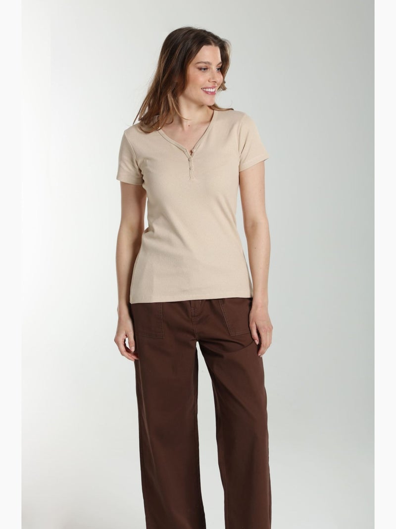 Tee shirt cotele manches courtes femme Drew  | Gerard Pasquier Beige - Kiabi