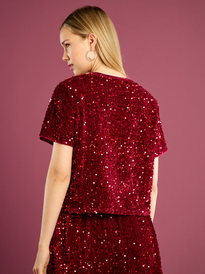 Tee-shirt court à sequins Rouge - Kiabi