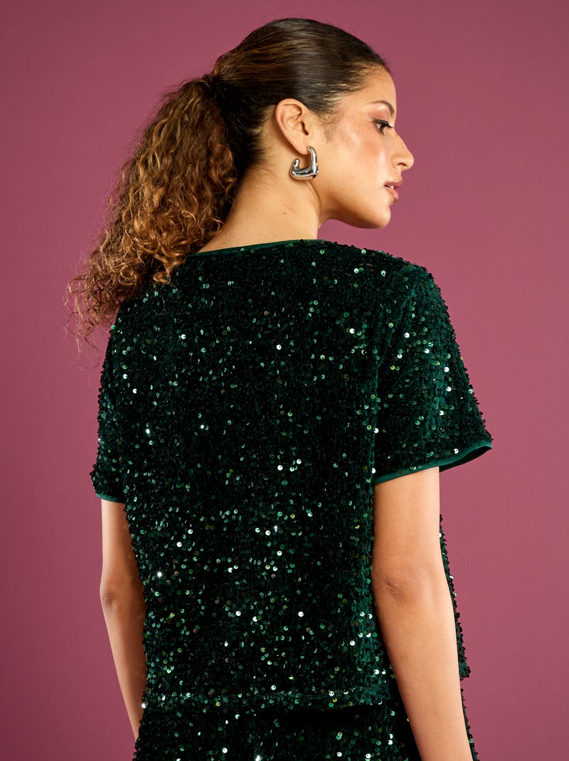 Tee-shirt court à sequins Vert - Kiabi