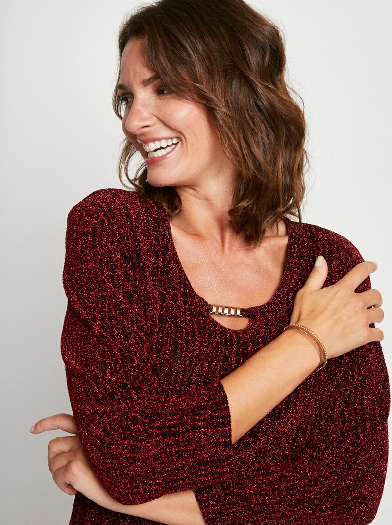 Tee-shirt court manches 3/4 pailleté Rouge - Kiabi