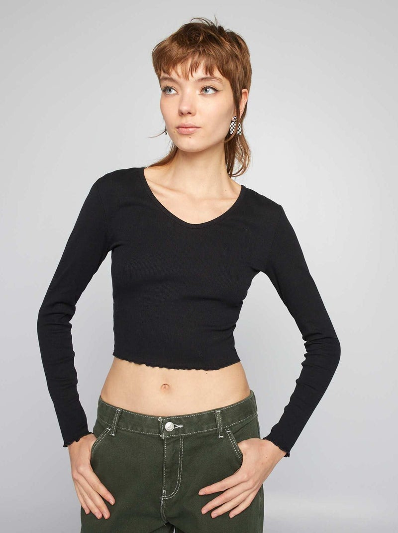 Tee-shirt crop top côtelé noir - Kiabi