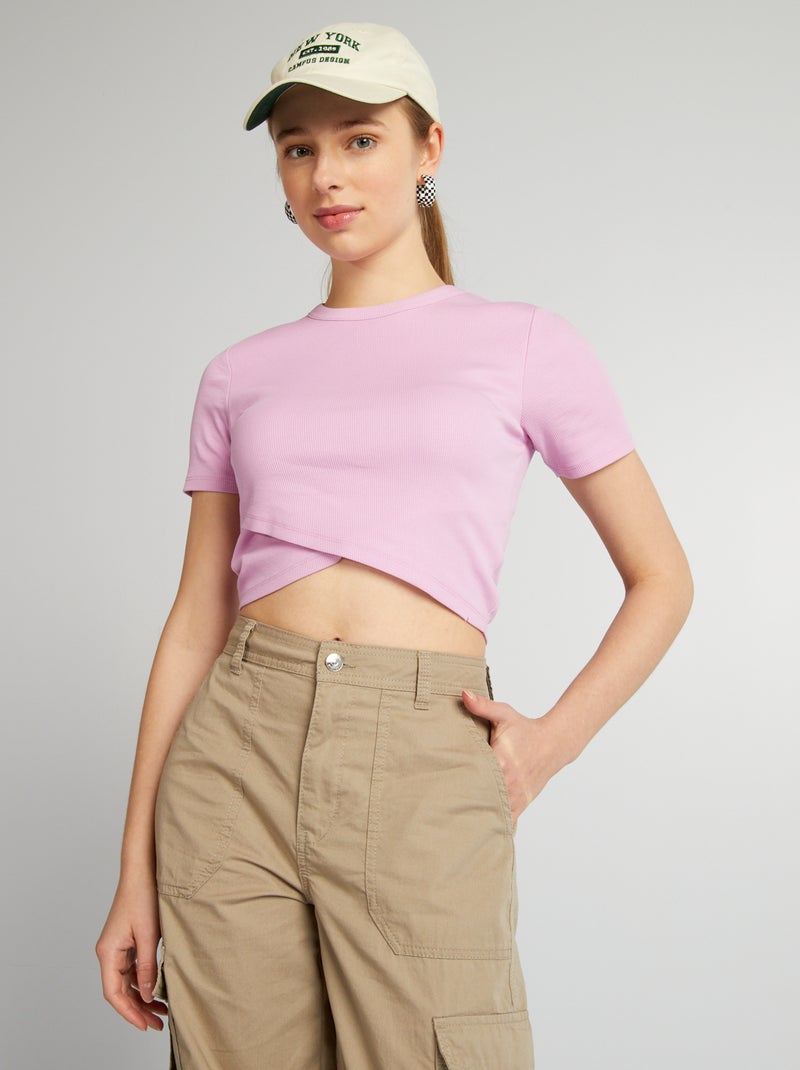 Tee-shirt crop top côtelé Rose - Kiabi