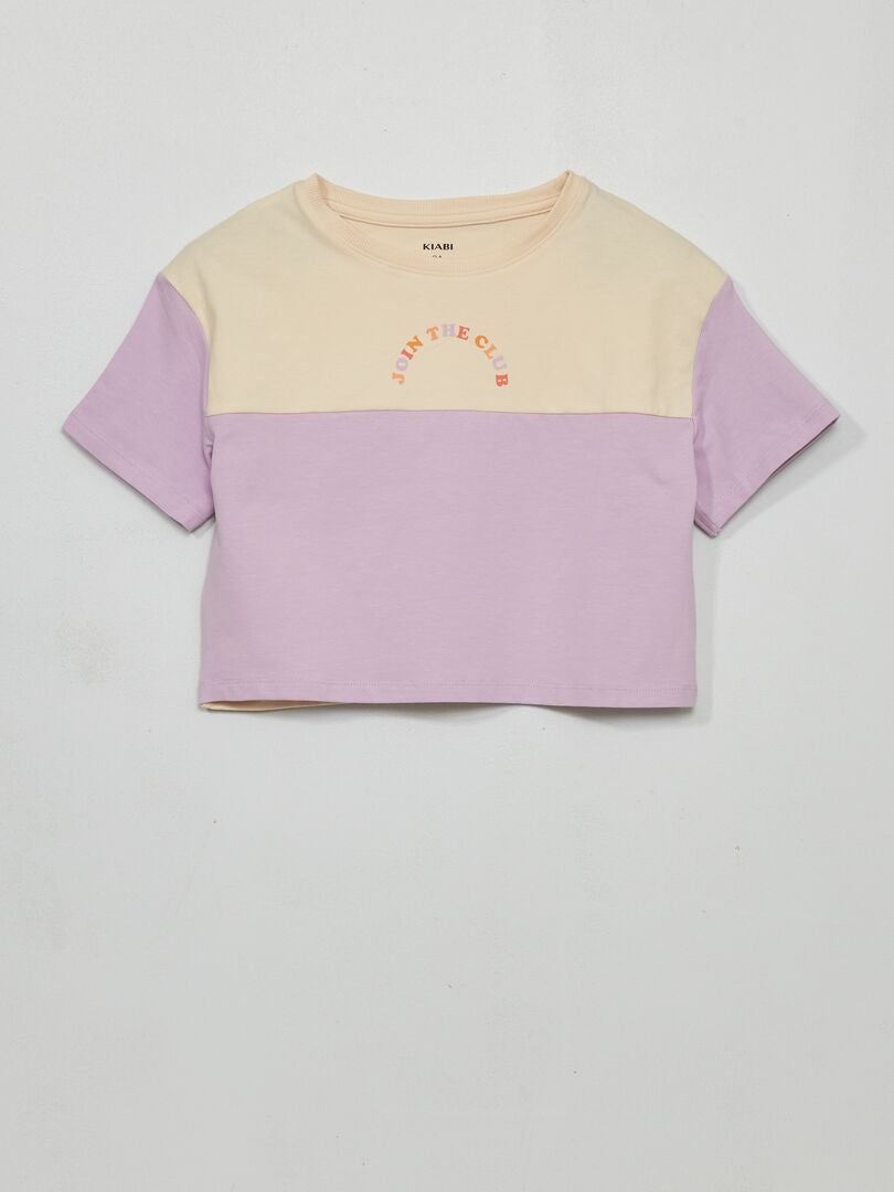 Tee-shirt crop top imprimé Beige/violet - Kiabi