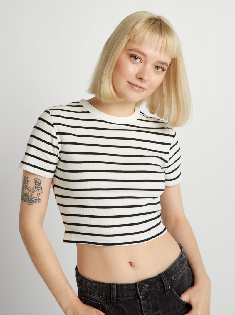 Tee-shirt crop top marinière Blanc/noir - Kiabi
