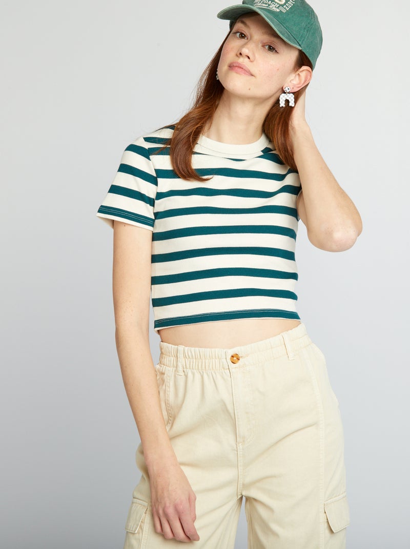 Tee-shirt crop top marinière Blanc/vert - Kiabi