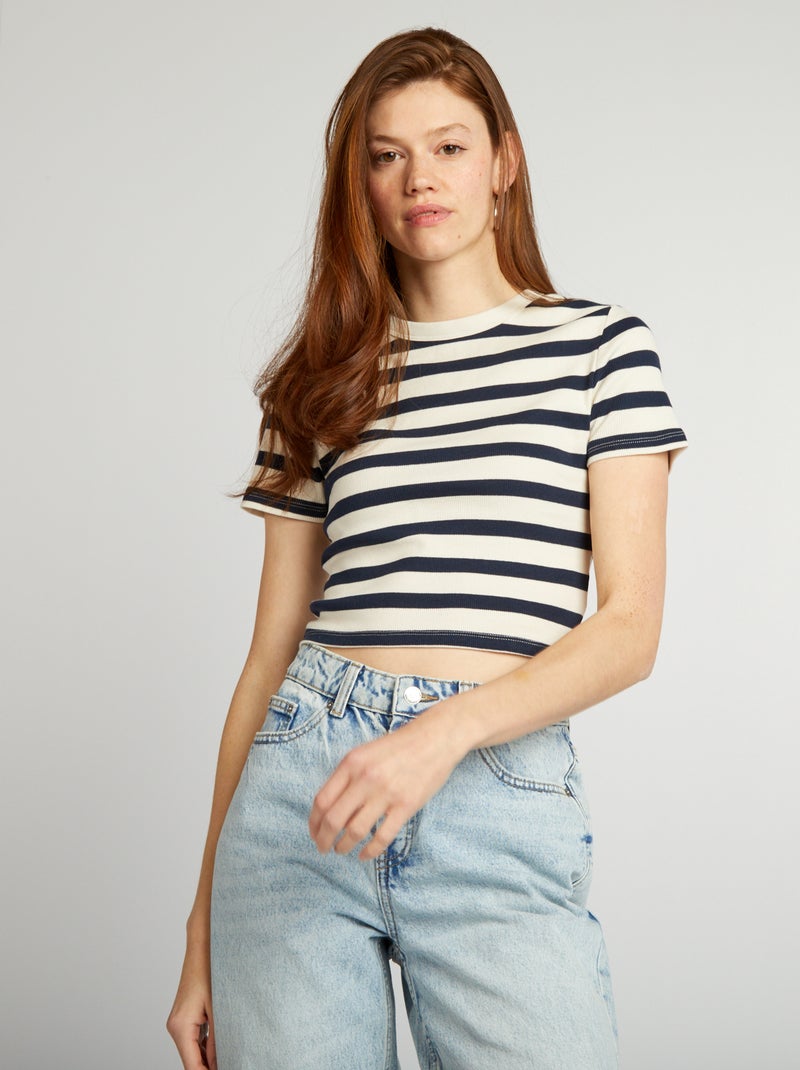 Tee-shirt crop top marinière Bleu/beige - Kiabi