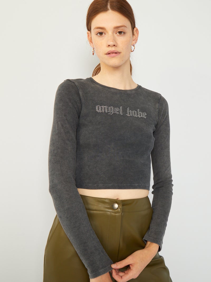 Tee-shirt crop top message à strass Gris foncé - Kiabi