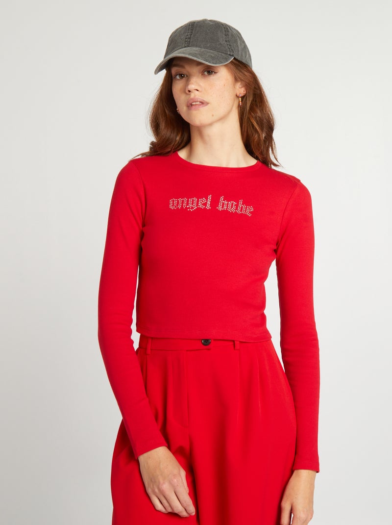 Tee-shirt crop top message à strass rouge - Kiabi