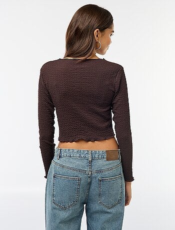 Tee-shirt cropped à manches longues et matière crêpée