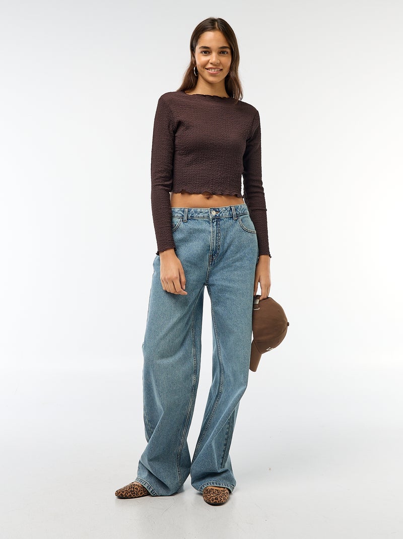 Tee-shirt cropped à manches longues et matière crêpée Marron - Kiabi