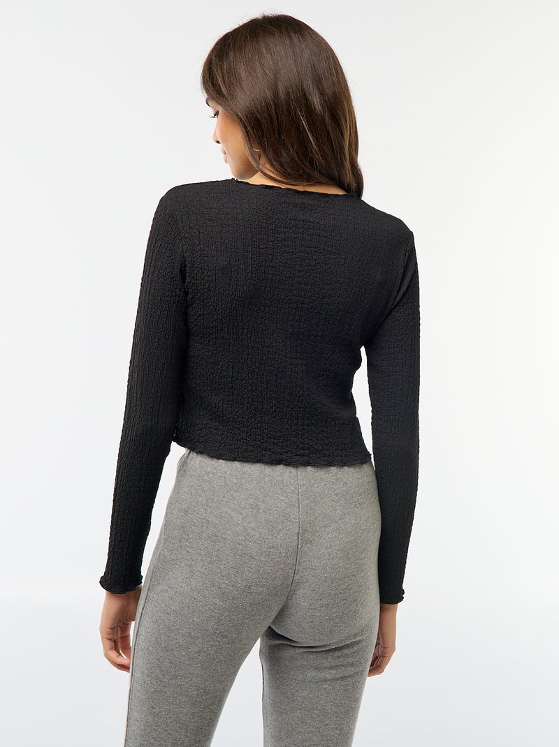 Tee-shirt cropped à manches longues et matière crêpée Noir - Kiabi