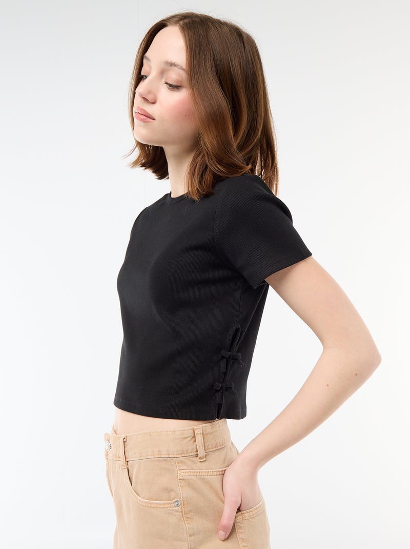 Tee-shirt cropped côtelé avec noeuds Noir - Kiabi