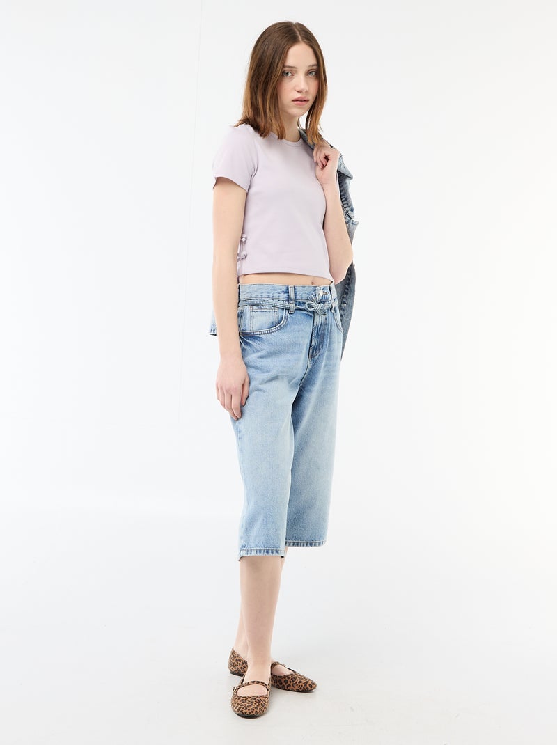 Tee-shirt cropped côtelé avec noeuds Violet - Kiabi