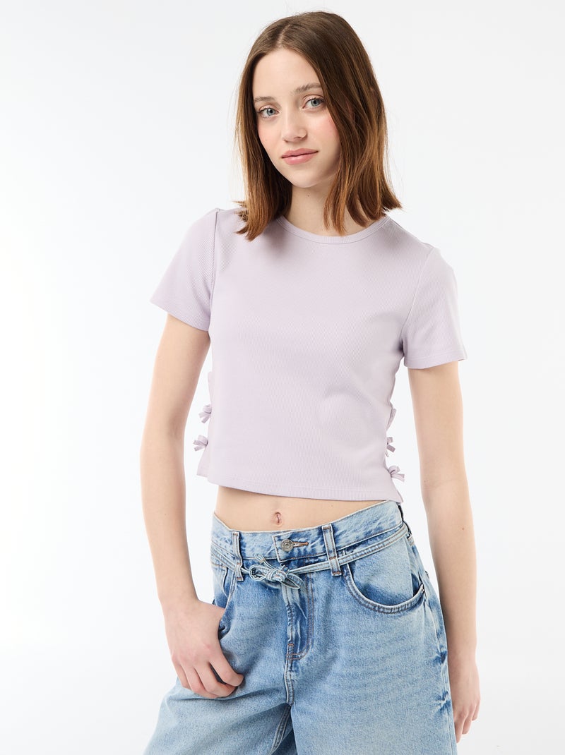 Tee-shirt cropped côtelé avec noeuds Violet - Kiabi