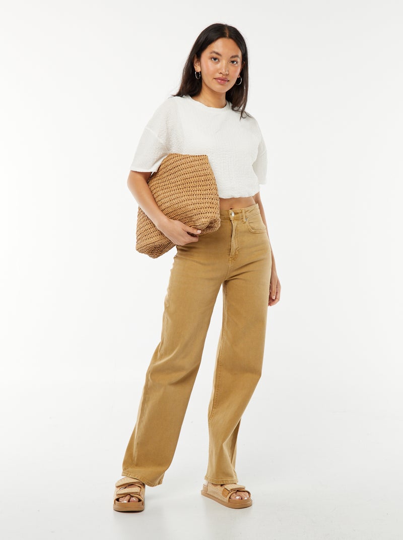 Tee-shirt cropped en maille gaufrée Beige - Kiabi