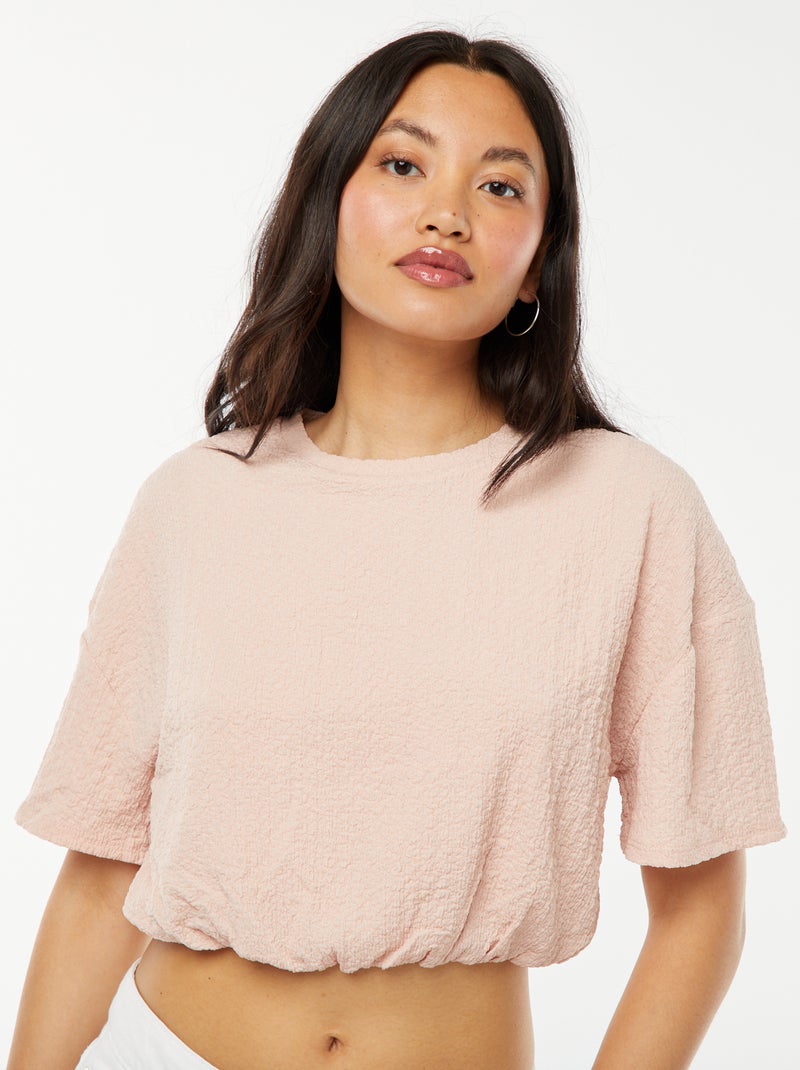 Tee-shirt cropped en maille gaufrée Rose - Kiabi