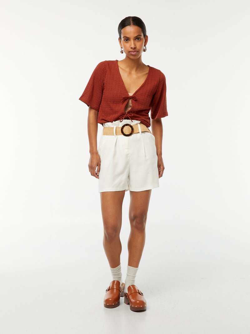 Tee-shirt cropped en maille pointelle ajourée Terracotta - Kiabi