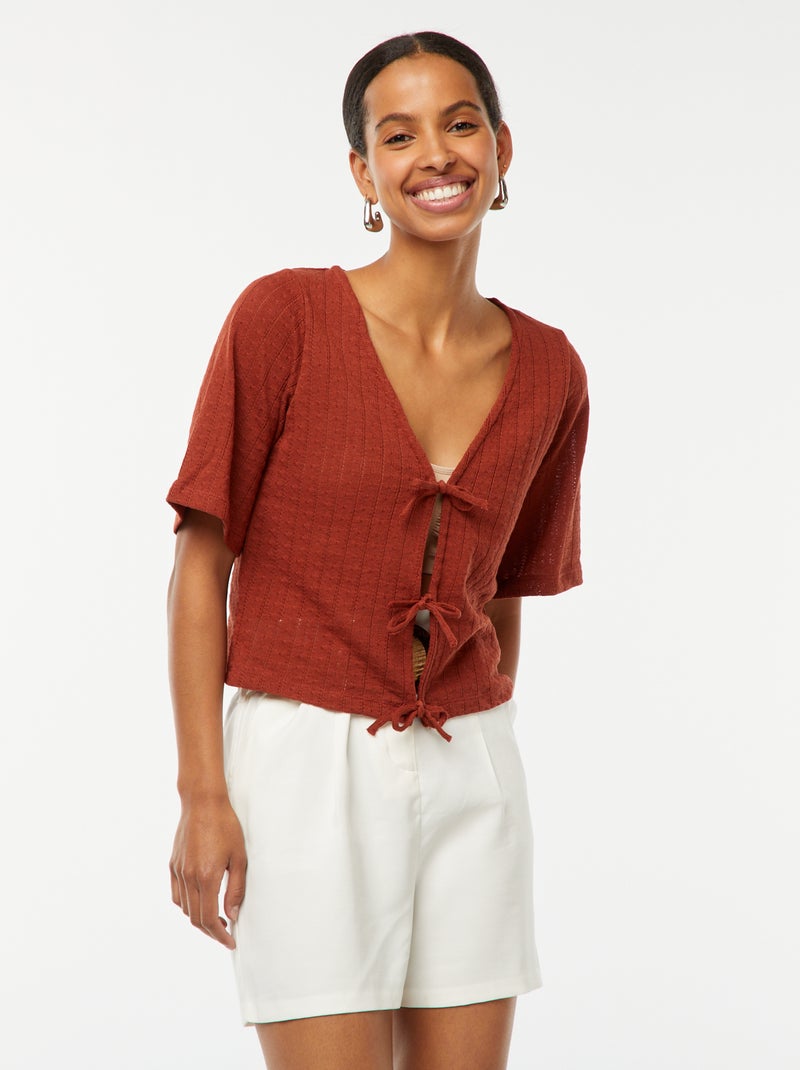 Tee-shirt cropped en maille pointelle ajourée Terracotta - Kiabi