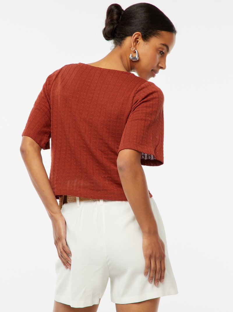 Tee-shirt cropped en maille pointelle ajourée Terracotta - Kiabi