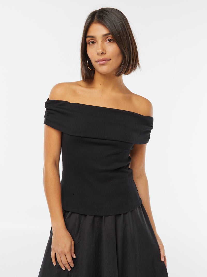 Tee-shirt cropped encolure bardot noir - Kiabi