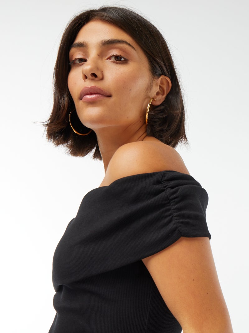 Tee-shirt cropped encolure bardot noir - Kiabi
