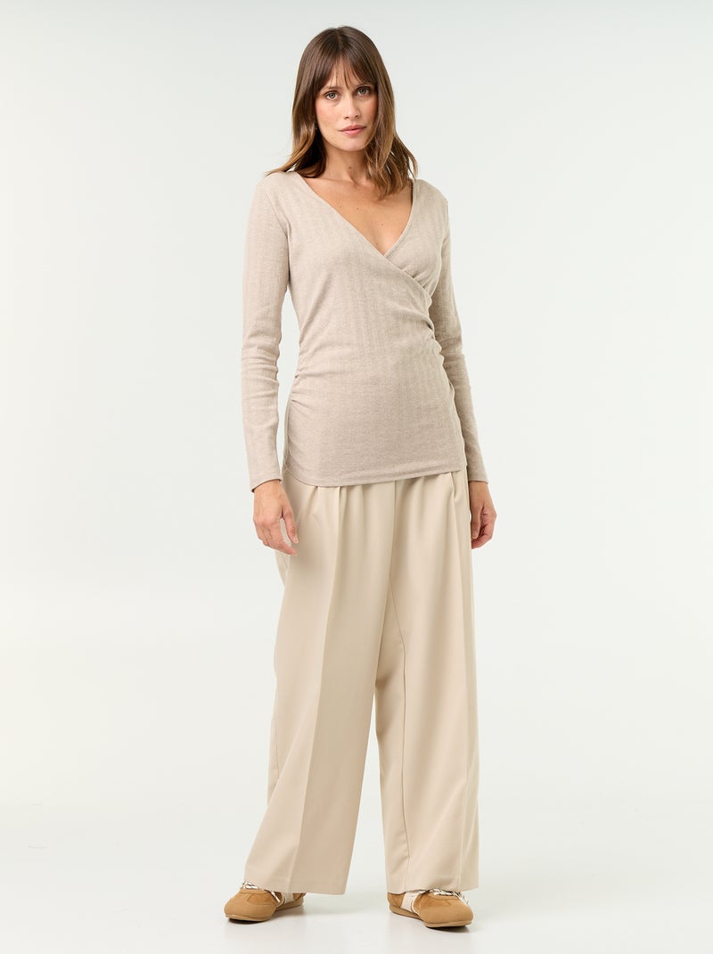 Tee-shirt d'allaitement col cache-coeur Beige - Kiabi