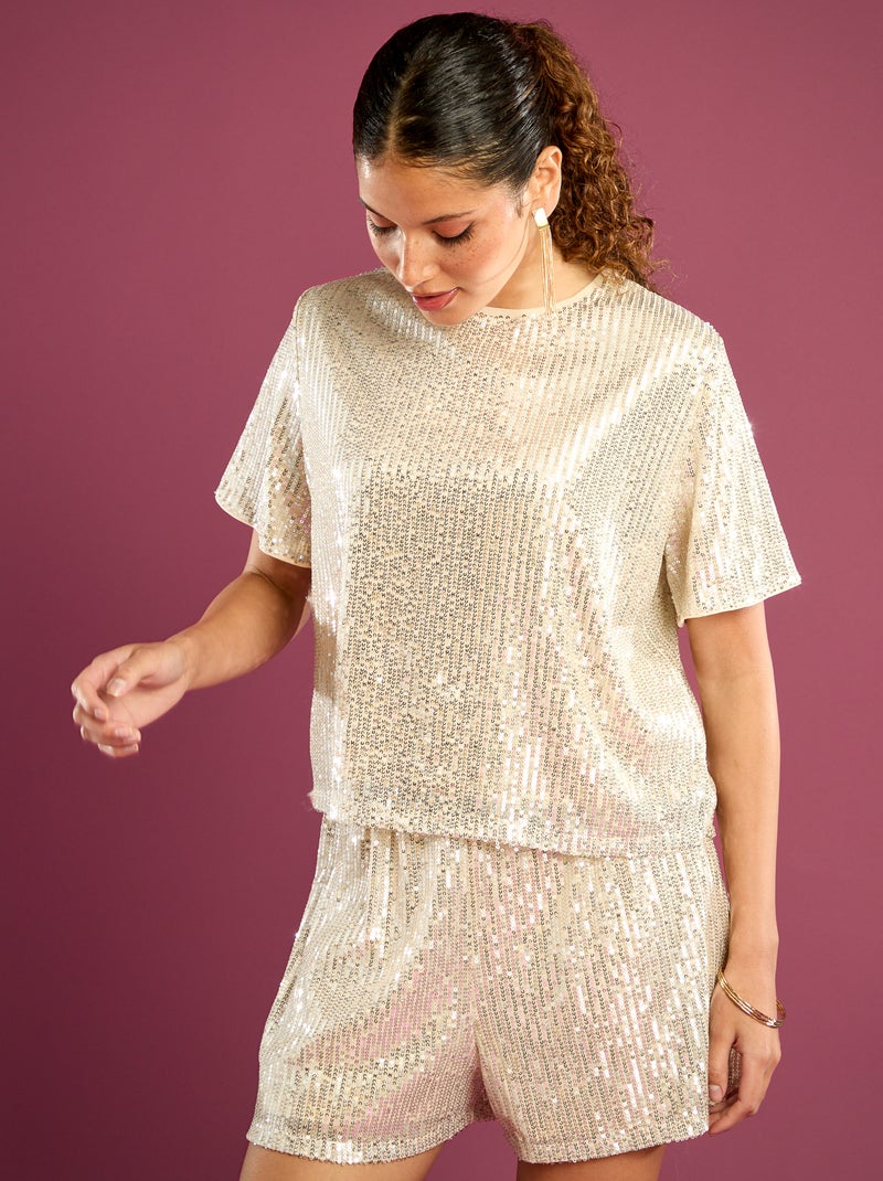 Tee-shirt de fêtes à sequins Beige - Kiabi