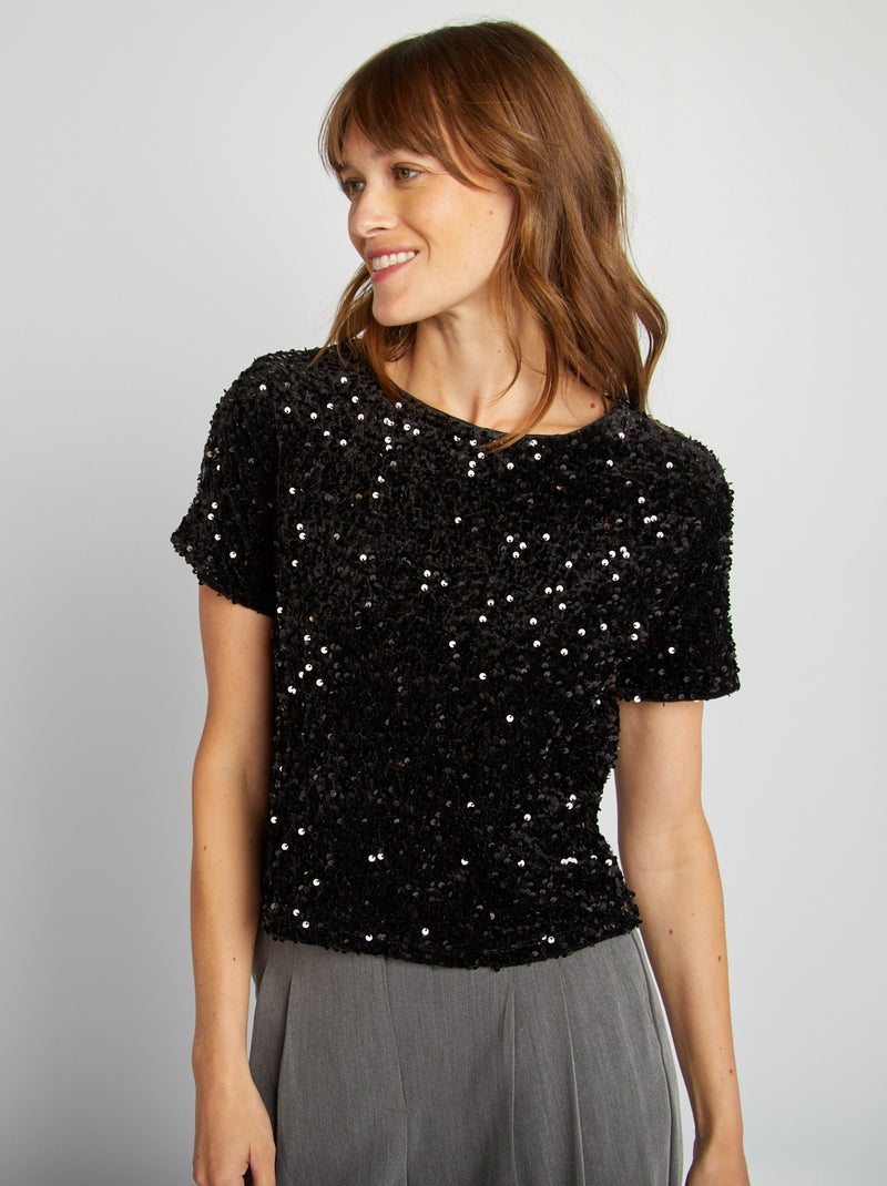 Tee-shirt de fêtes à sequins noir - Kiabi