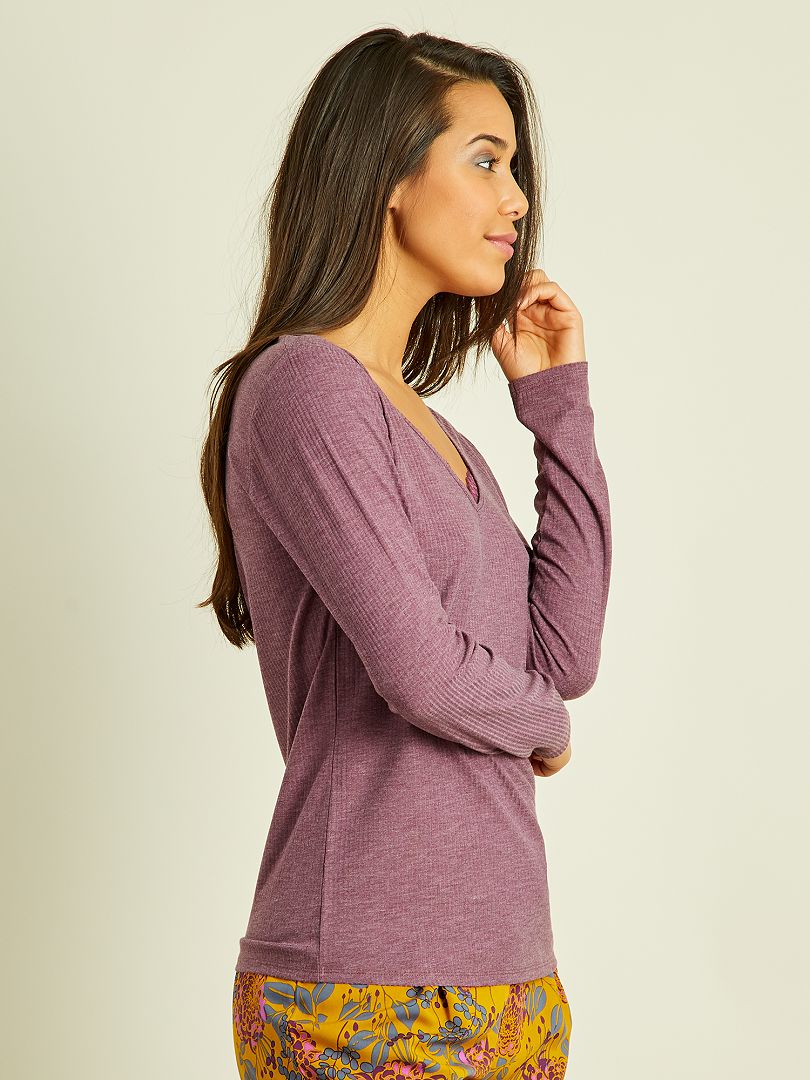 Tee-shirt de nuit maille c?�tel?� encolure dentelle - violet - Kiabi - 8.00�?�