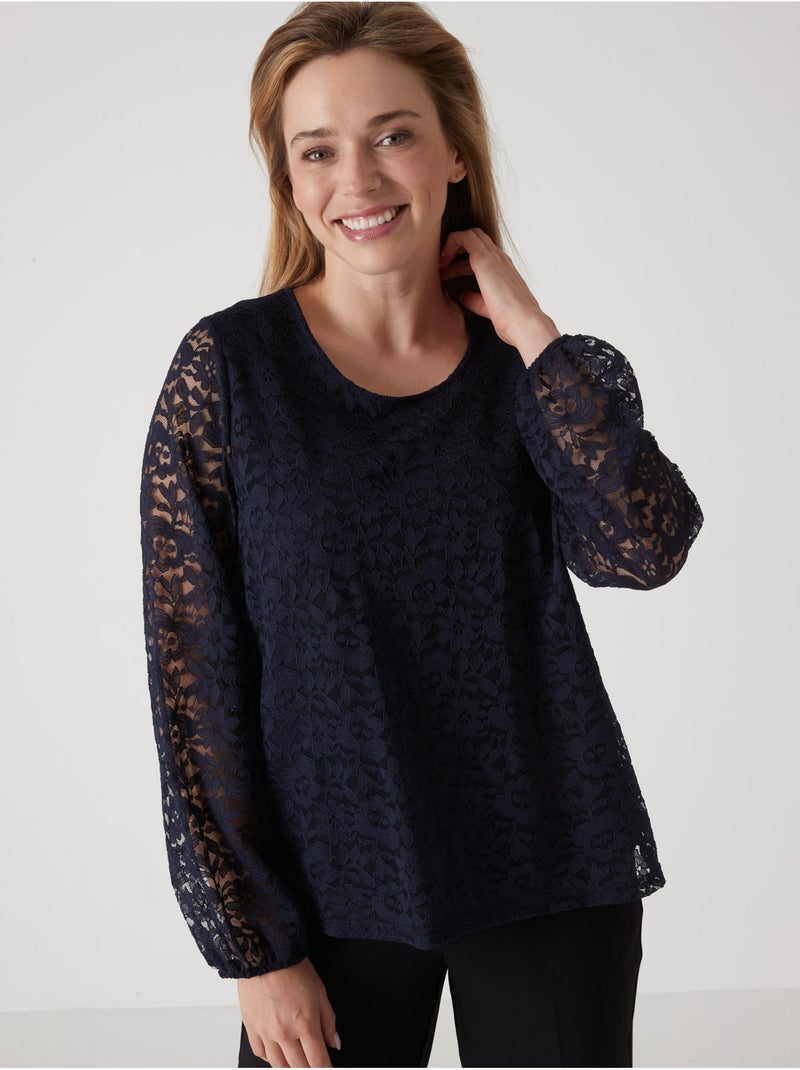 Tee-shirt devant et manches en dentelle - DAXON Bleu nuit - Kiabi