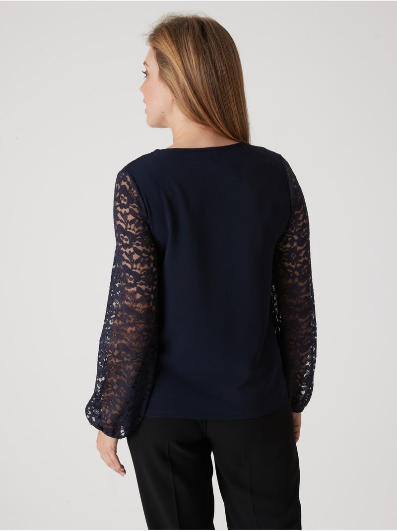 Tee-shirt devant et manches en dentelle - DAXON Bleu nuit - Kiabi