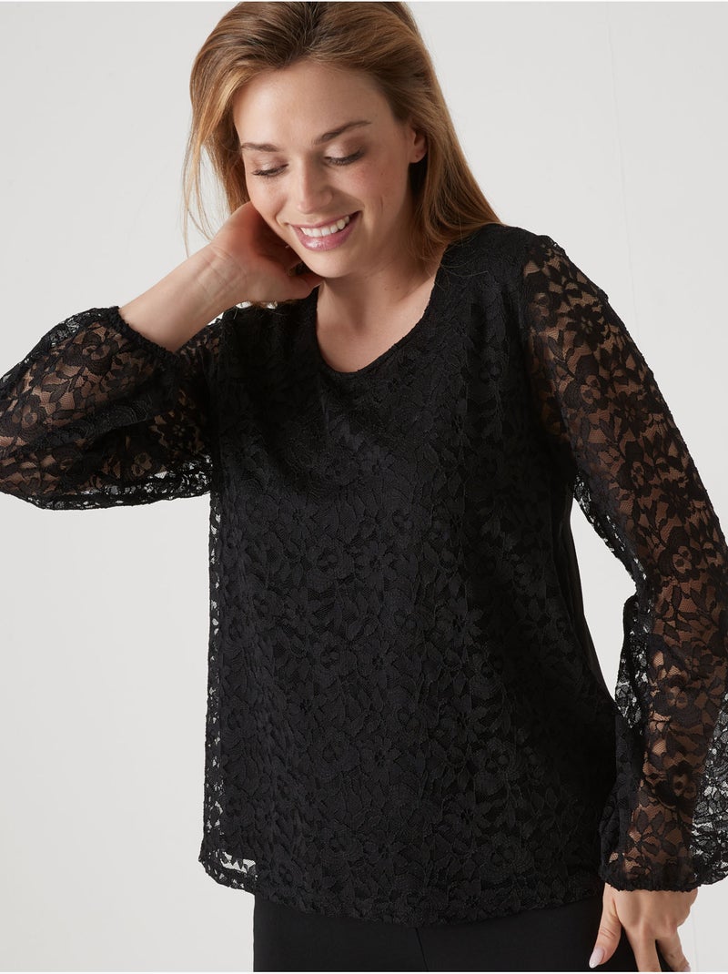 Tee-shirt devant et manches en dentelle - DAXON Noir Noir - Kiabi