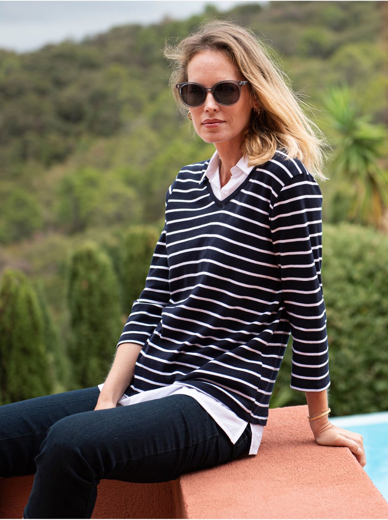 Tee-shirt effet 2 en 1 esprit marin - DAXON Blanc/Marine - Kiabi
