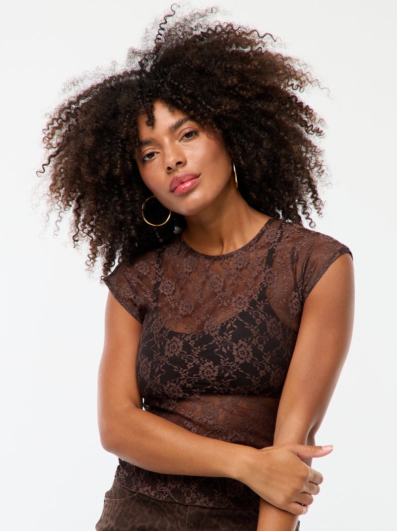 Tee-shirt en dentelle ajourée Marron - Kiabi