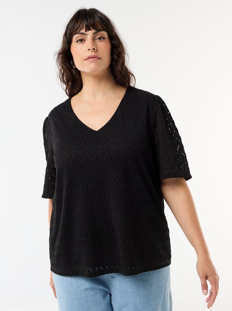 Tee-shirt en dentelle ajourée Noir - Kiabi