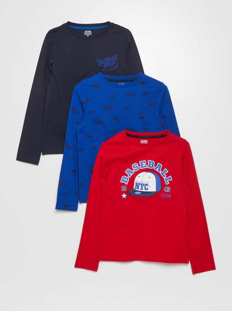 Tee-shirt en jersey à manches longues - Lot de 3 Rouge/bleu marine - Kiabi