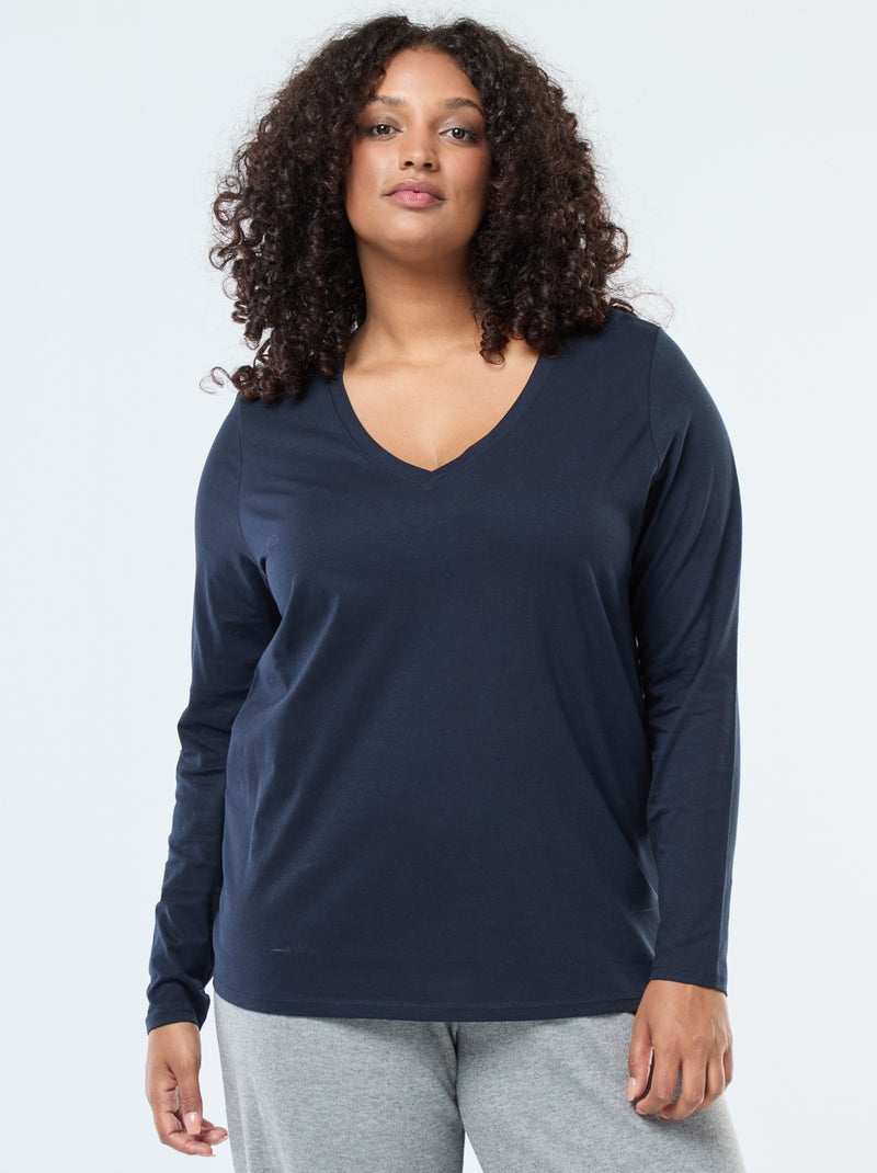 Tee-shirt en jersey avec col V et manches courtes Bleu - Kiabi