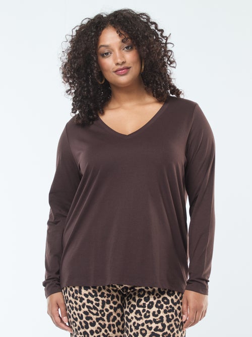 Tee-shirt en jersey avec col V et manches courtes - Kiabi