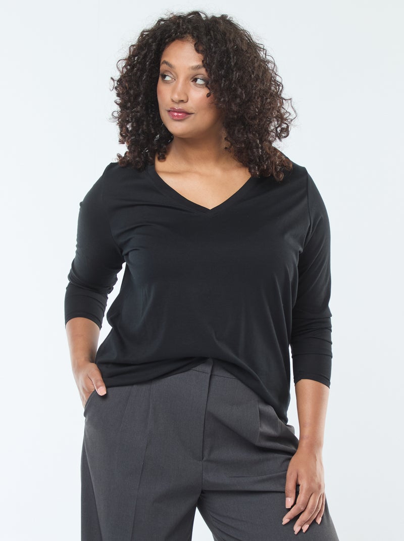 Tee-shirt en jersey avec col V et manches courtes Noir - Kiabi